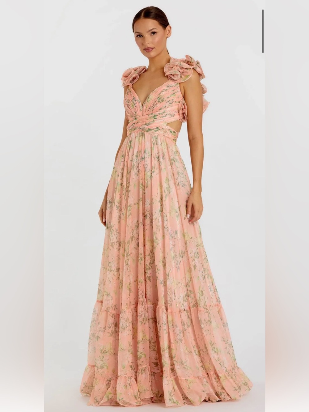 Mac Duggal Blush Floral Maxi with Twisted Bodice and Rosette Shoulders
